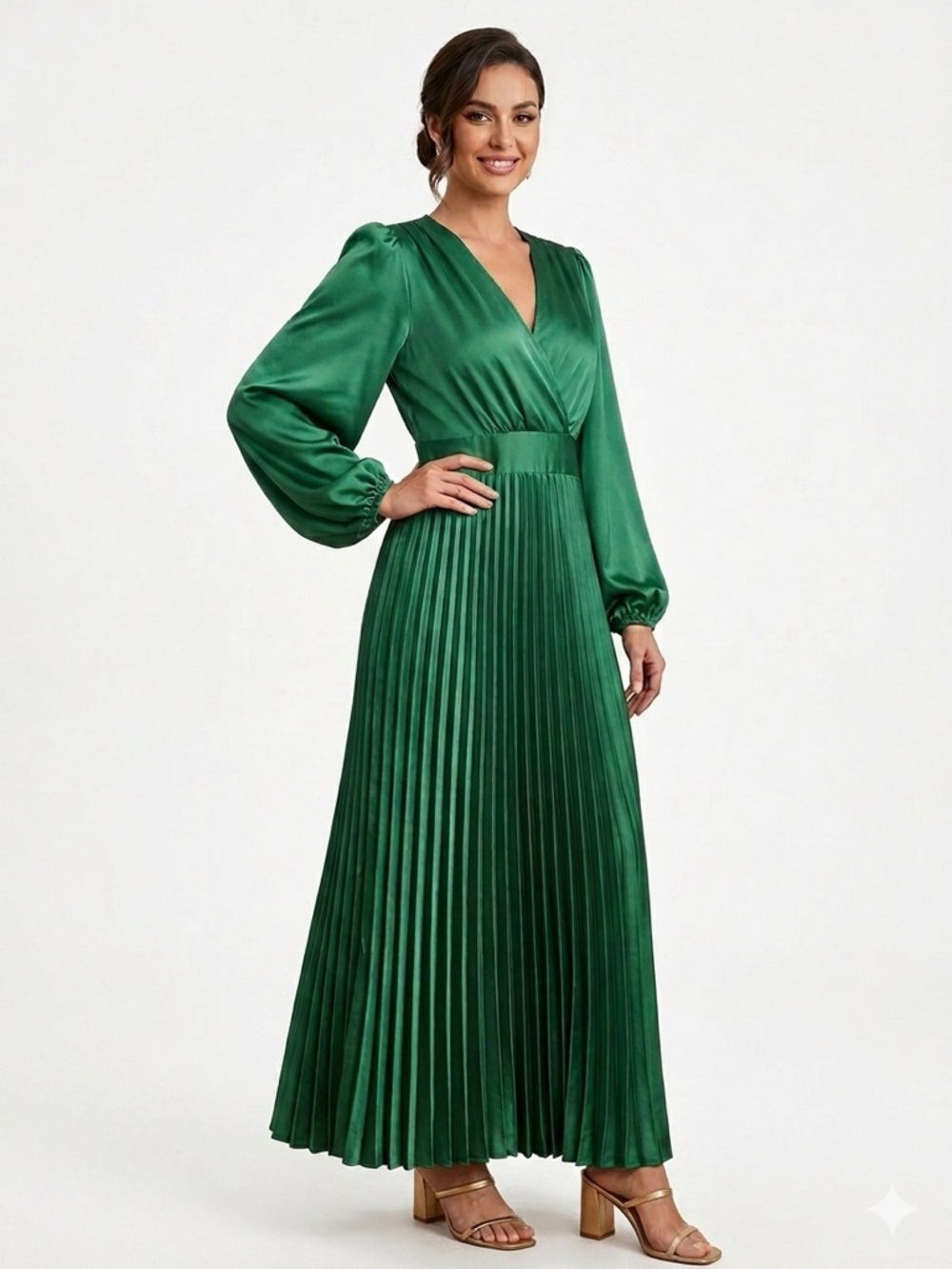 SHEIN Green Satin Pleated V-Neck Maxi Dress